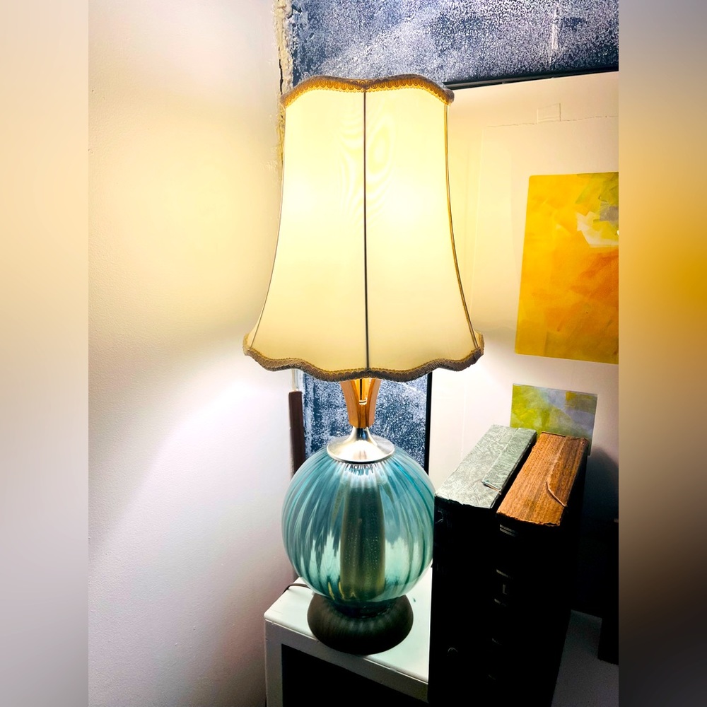 Pair of vintage 1960’s green blown glass globe and teak table lamps with shades